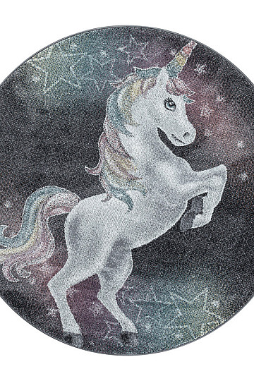 Round children's piece rug FUNNY unicorn gray