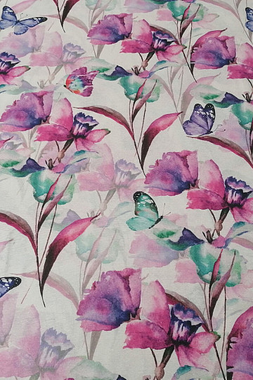 Decorative fabric FLOWERS AND BUTTERFLIES CATALEYA PURPLE TURQUOISE