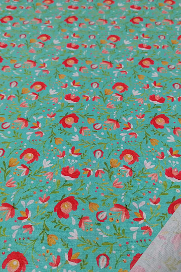 Cotton fabric Folk motifs mini turquoise