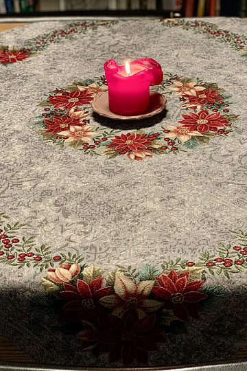 Christmas tapestry tablecloths and scarves CHRISTMAS ROSE-HOLLY WREATH GREY
