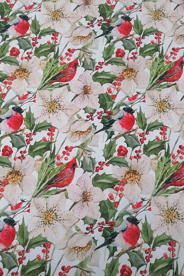 Christmas decorative fabric Holly with birds