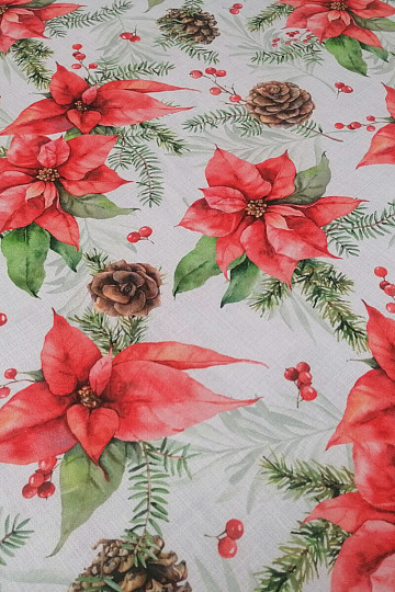 Christmas decorative fabric Poinsettia and pine cones