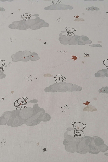 Cotton fabric Animals on a cloud - white