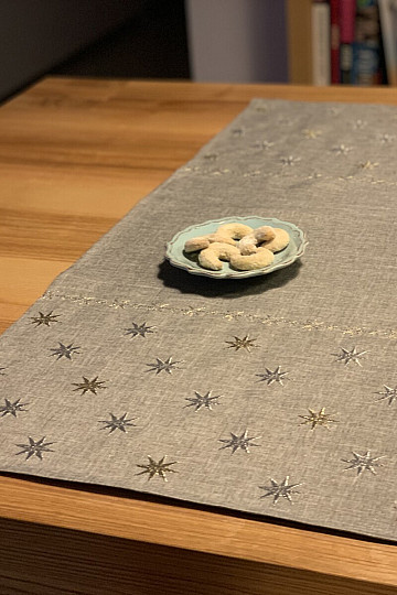 Embroidered gray-beige Christmas tablecloth with stars