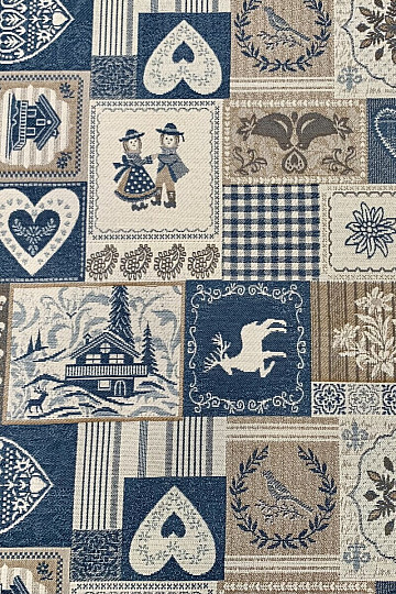 Decorative jacquard fabric PATCHWORK HEARTS BLUE