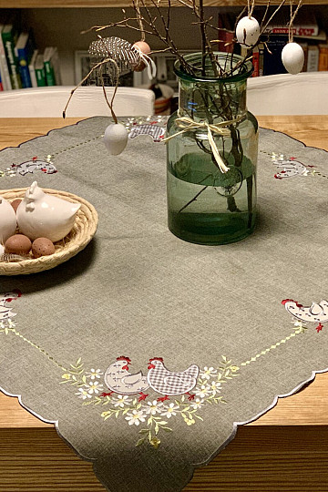 Embroidered Easter tablecloth and scarf HEN AND FLOWERS gray
