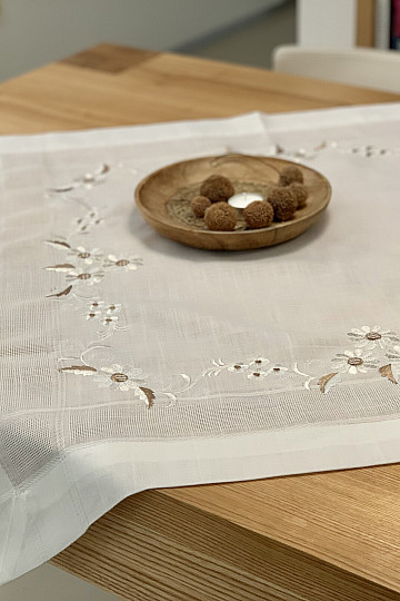 Embroidered tablecloth and scarf DAISIES BROWN