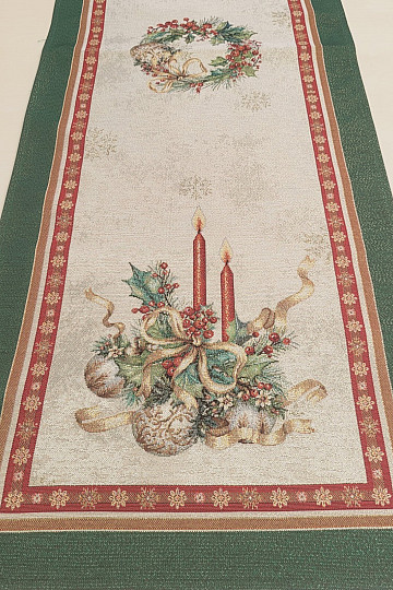 Tapestry tablecloth and scarf FLAMING CANDLES green trim