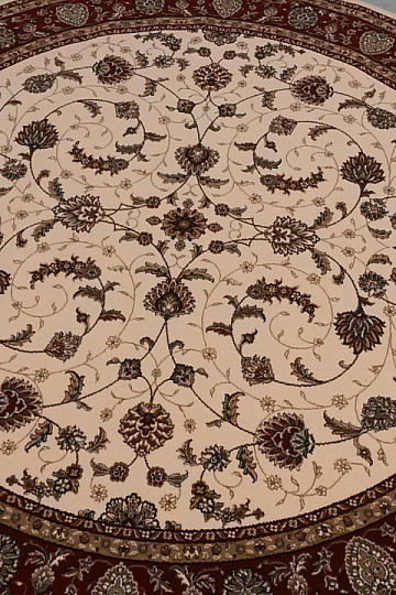 Woolen round carpet ORIENT cream, burgundy hem