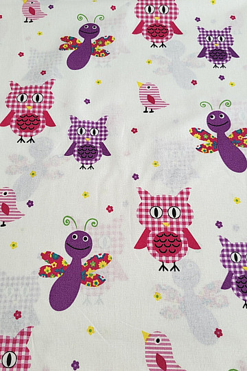 Children&#39;s decorative fabric PURPLE OWLS AND BUTTERFLIES