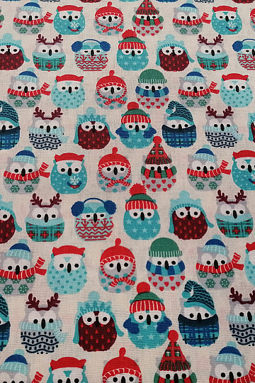 Cotton fabric OWLS IN WINTER blue