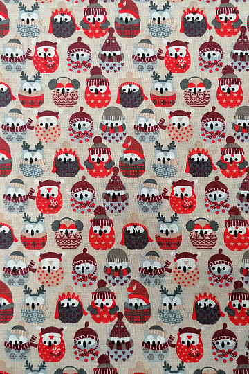 Cotton fabric OWLS IN WINTER red
