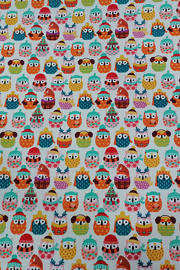 Cotton fabric OWLS IN WINTER colorful