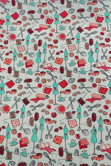 Cotton fabric SEWING WORKSHOP turquoise-red