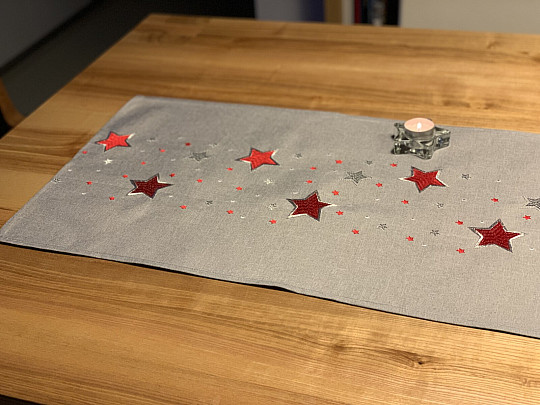 Embroidered Christmas tablecloth gray with red snowflakes