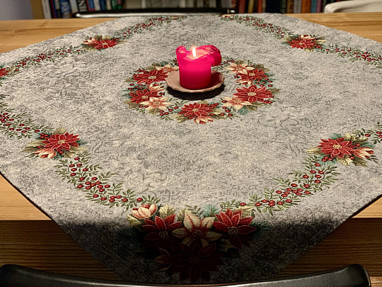 Christmas tapestry tablecloths and scarves CHRISTMAS ROSE-HOLLY WREATH GREY