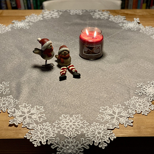 Embroidered Christmas tablecloth gray with flakes