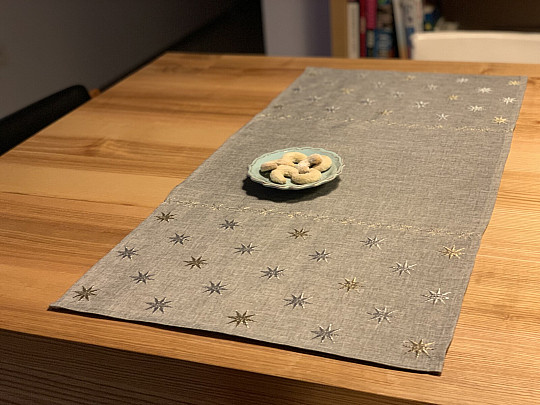 Embroidered gray-beige Christmas tablecloth with stars