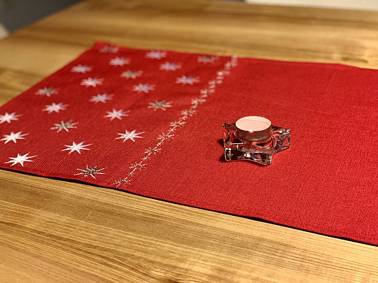 Red embroidered Christmas tablecloth with stars