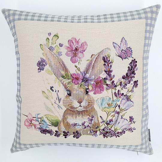 Tapestry cushion cover BUNNY IN A FRAME gray check