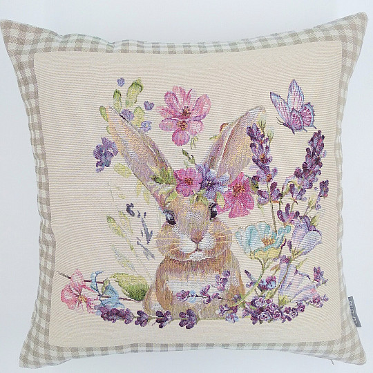 Tapestry cushion cover BUNNY IN A FRAME beige check