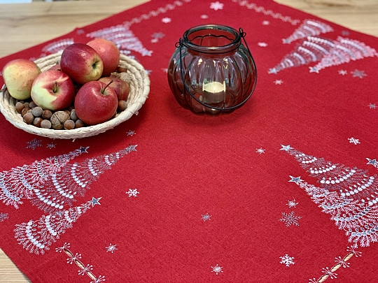 Embroidered Christmas tablecloth and scarves RED TREES
