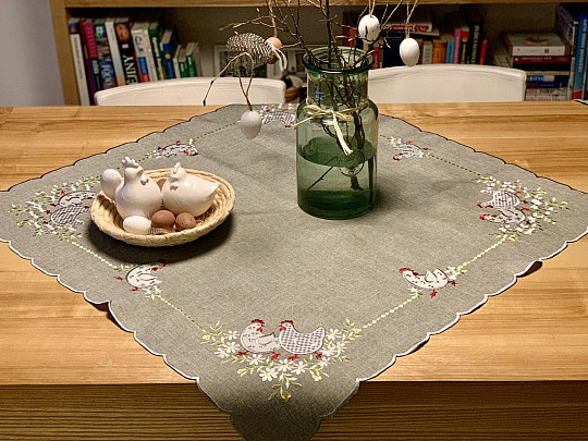Embroidered Easter tablecloth and scarf HEN AND FLOWERS gray