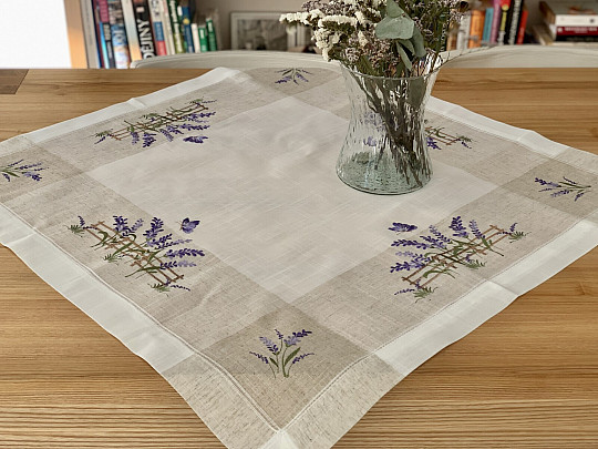 Embroidered tablecloth and shawl LAVENDER BEHIND THE FENCE