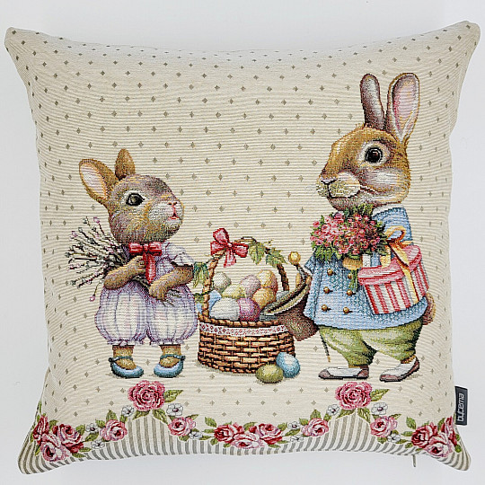 Tapestry cushion cover BUNNIES WITH ROSES beige