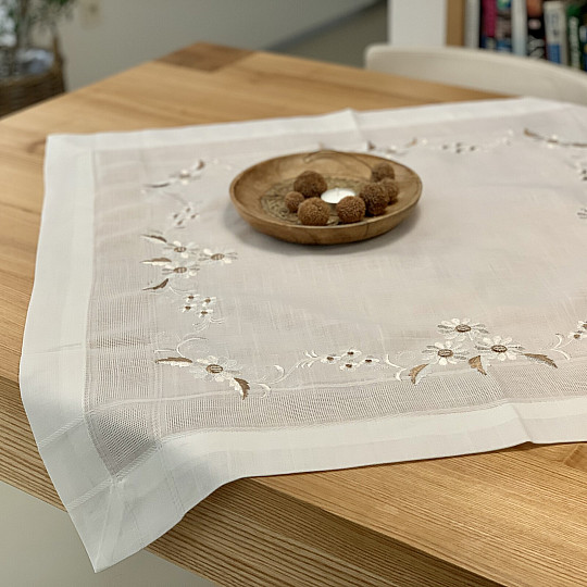 Embroidered tablecloth and scarf DAISIES BROWN