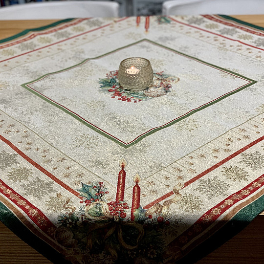 Tapestry tablecloth and scarf FLAMING CANDLES green trim