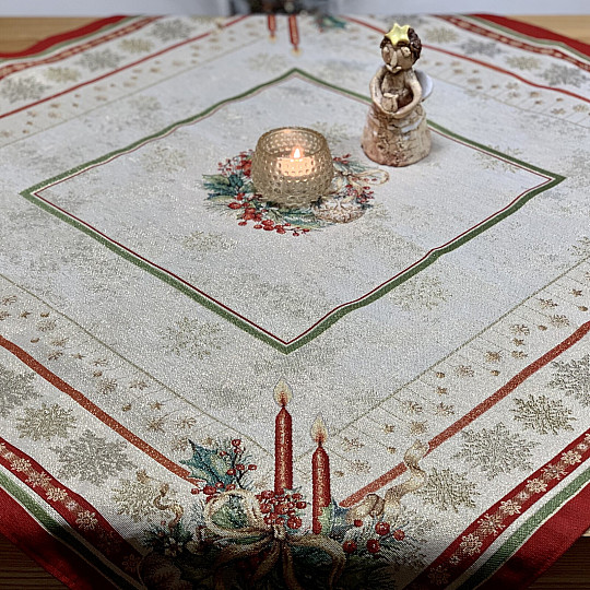 Tapestry tablecloth and scarf FLAMING CANDLES red trim