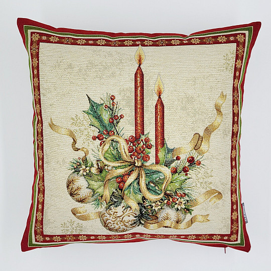 Christmas tapestry cover FLAMING CANDLES red trim