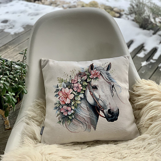 Tapestry pillowcase WHITE HORSE WITH FLOWERS