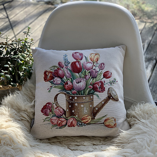 Tapestry pillowcase WATERING POT FULL OF TULIPS