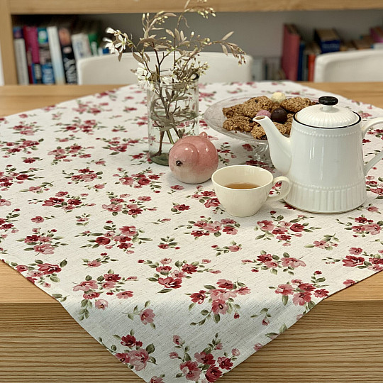 Tablecloth and scarf FLOWERS LINO red