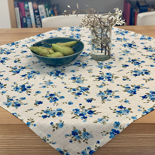 Tablecloth and scarf FLOWERS LINO blue