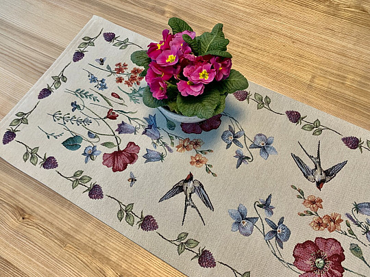 Tapestry tablecloth and scarf MEADOW WITH SWALLOW