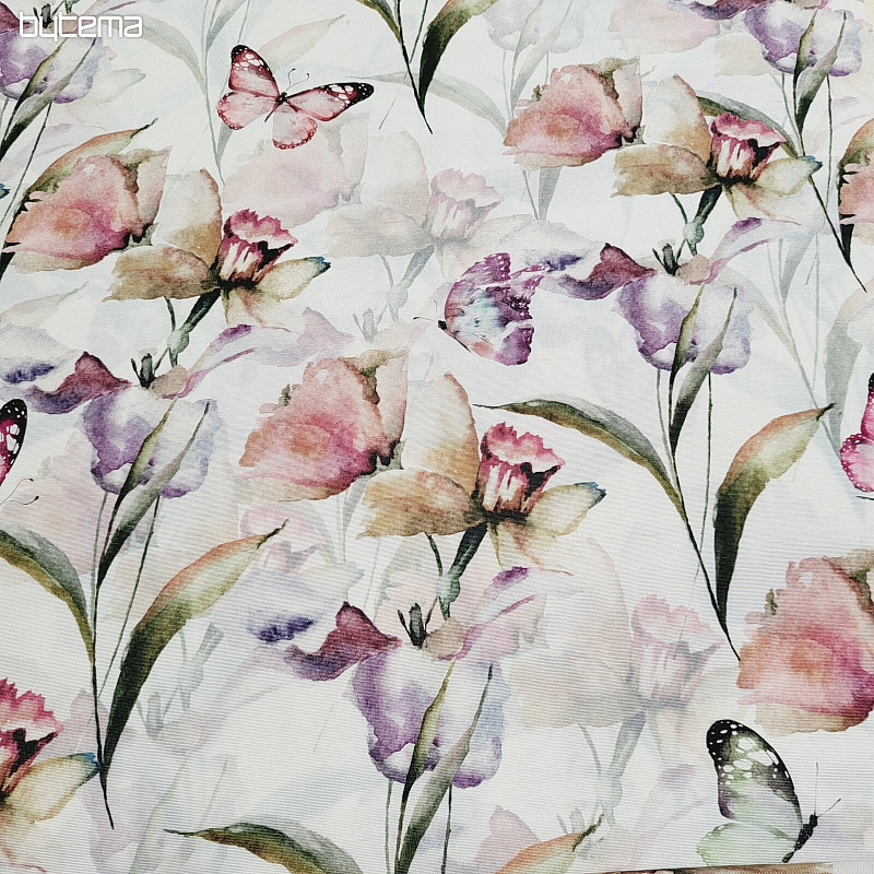 Decorative fabric FLOWERS AND BUTTERFLIES CATALEYA green-purple