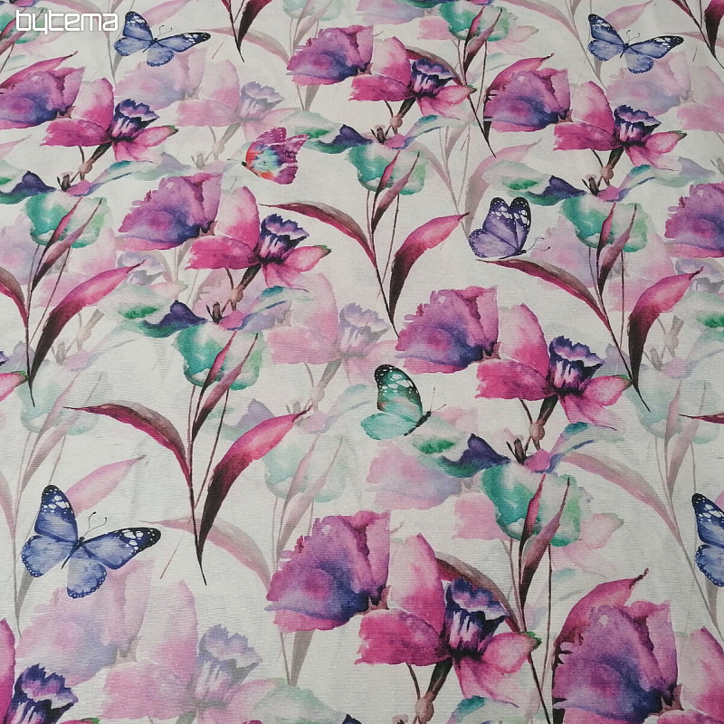 Decorative fabric Flowers and butterflies Cataleya purple-turquoise