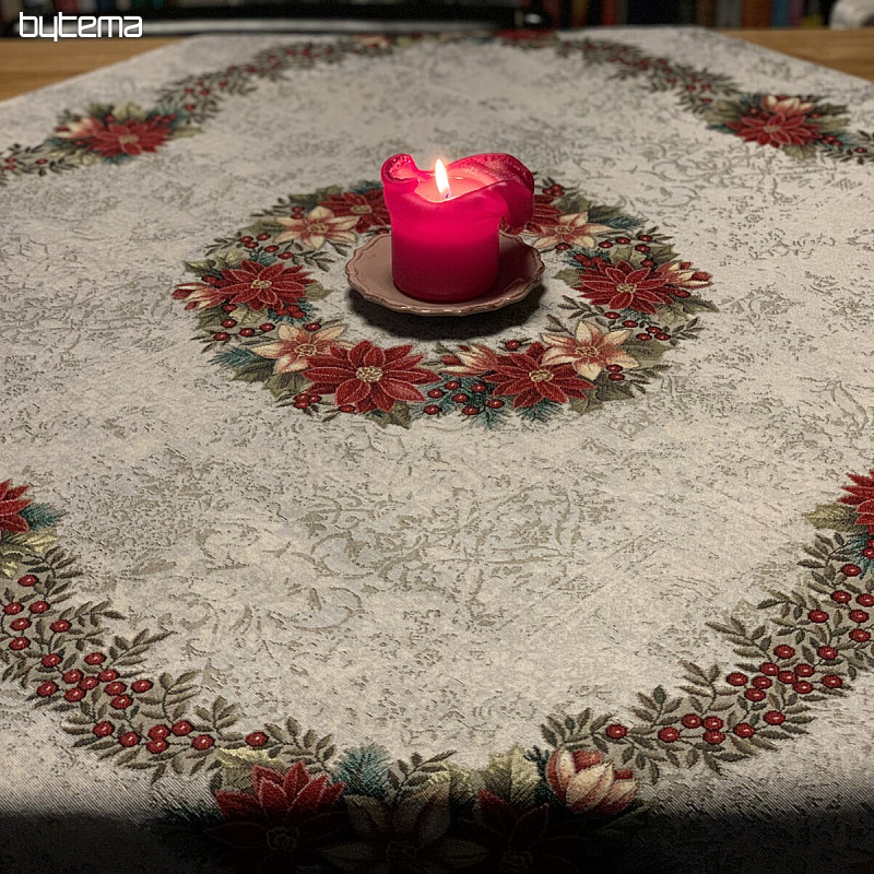 Christmas tapestry tablecloths and scarves Christmas roses and holly-gray wreath