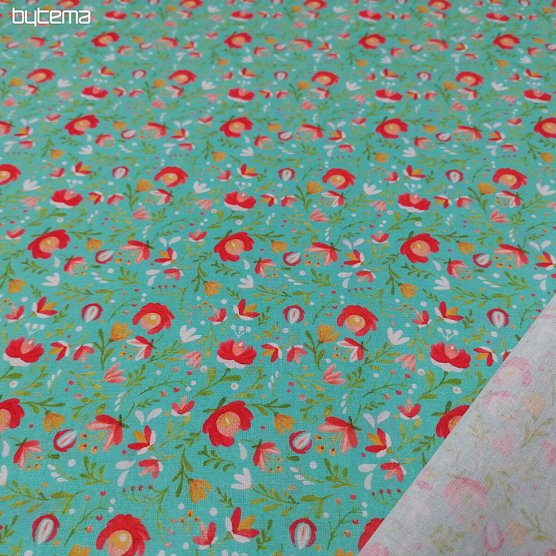 Cotton fabric Folk motifs mini turquoise