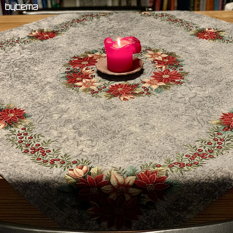 Christmas tapestry tablecloths and scarves Christmas roses and holly-gray wreath