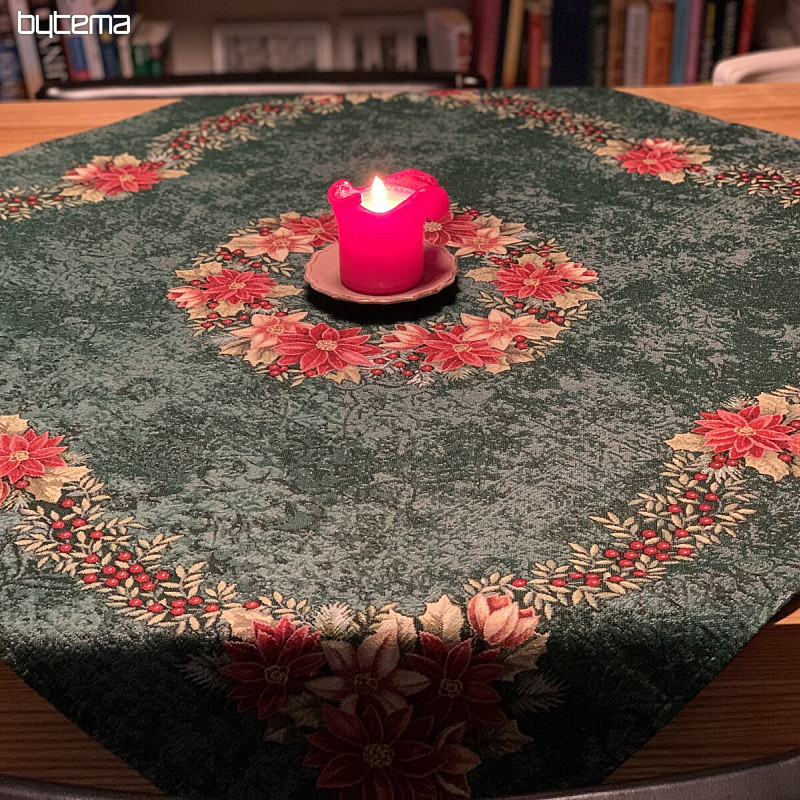 Christmas tapestry tablecloths and scarves CHRISTMAS ROSE-WREATH HOLLY GREEN