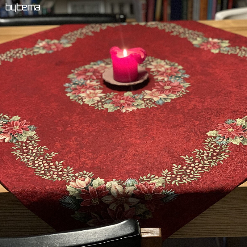 Christmas tapestry tablecloths and scarves Christmas roses and holly-red wreath