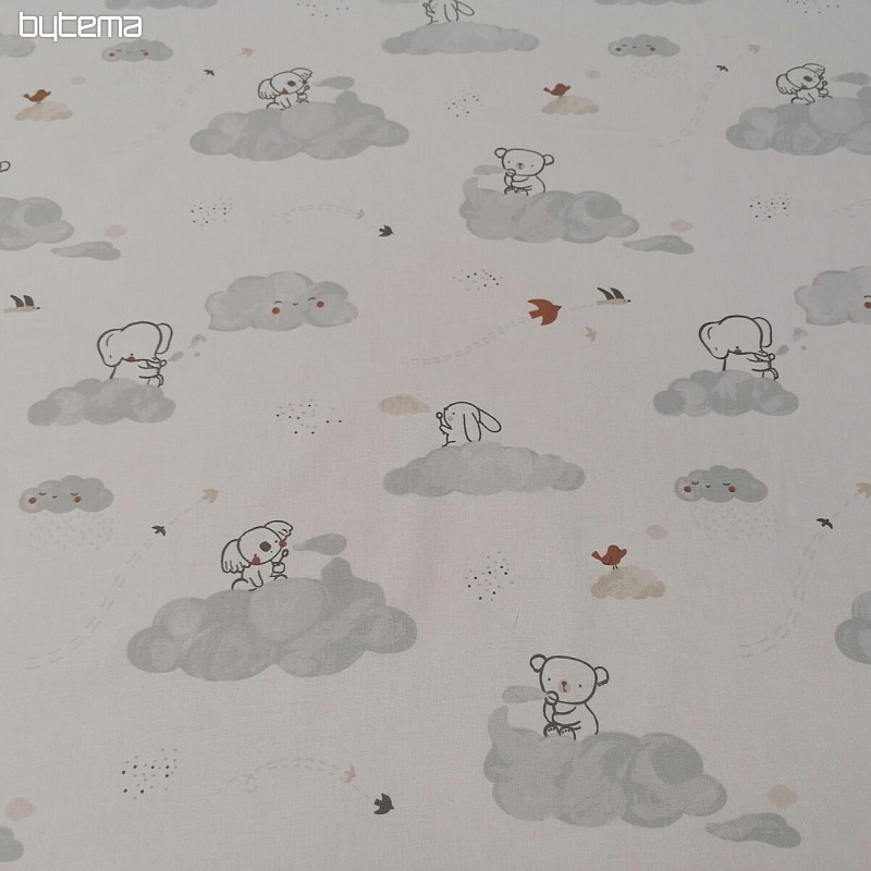 Cotton fabric Animals on a cloud - white