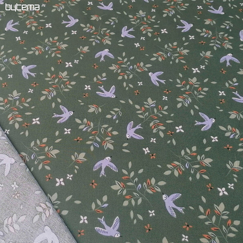 Cotton fabric Birds khaki