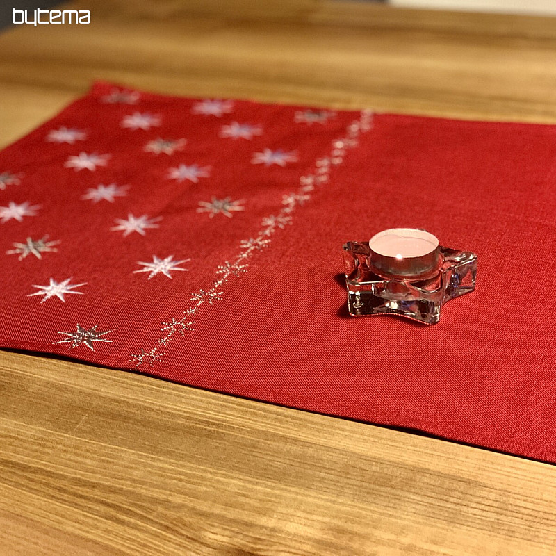Red embroidered Christmas tablecloth with stars