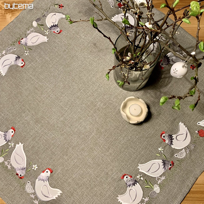 Embroidered Easter tablecloth and scarves ROOSTER and HEN gray