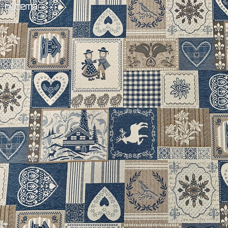 Decorative jacquard fabric PATCHWORK HEARTS BLUE